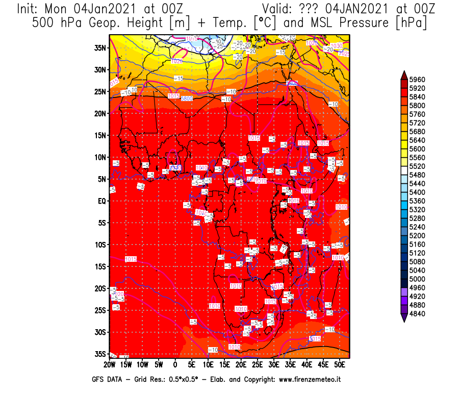 Mappa di analisi GFS - Geopotenziale [m] + Temp. [°C] a 500 hPa + Press. a livello del mare [hPa] in Africa
									del 04/01/2021 00 <!--googleoff: index-->UTC<!--googleon: index-->