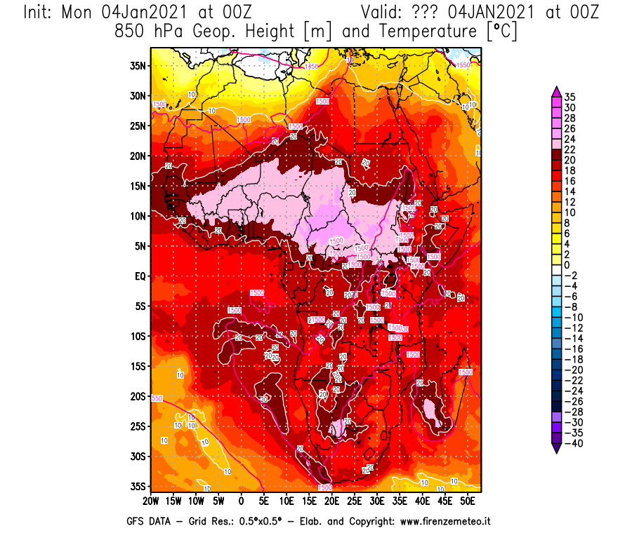 Mappa di analisi GFS - Geopotenziale [m] e Temperatura [°C] a 850 hPa in Africa
									del 04/01/2021 00 <!--googleoff: index-->UTC<!--googleon: index-->