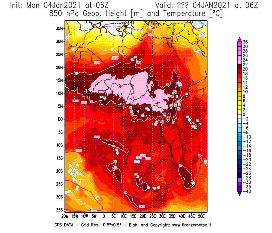 Mappa di analisi GFS - Geopotenziale [m] e Temperatura [°C] a 850 hPa in Africa
									del 04/01/2021 06 <!--googleoff: index-->UTC<!--googleon: index-->