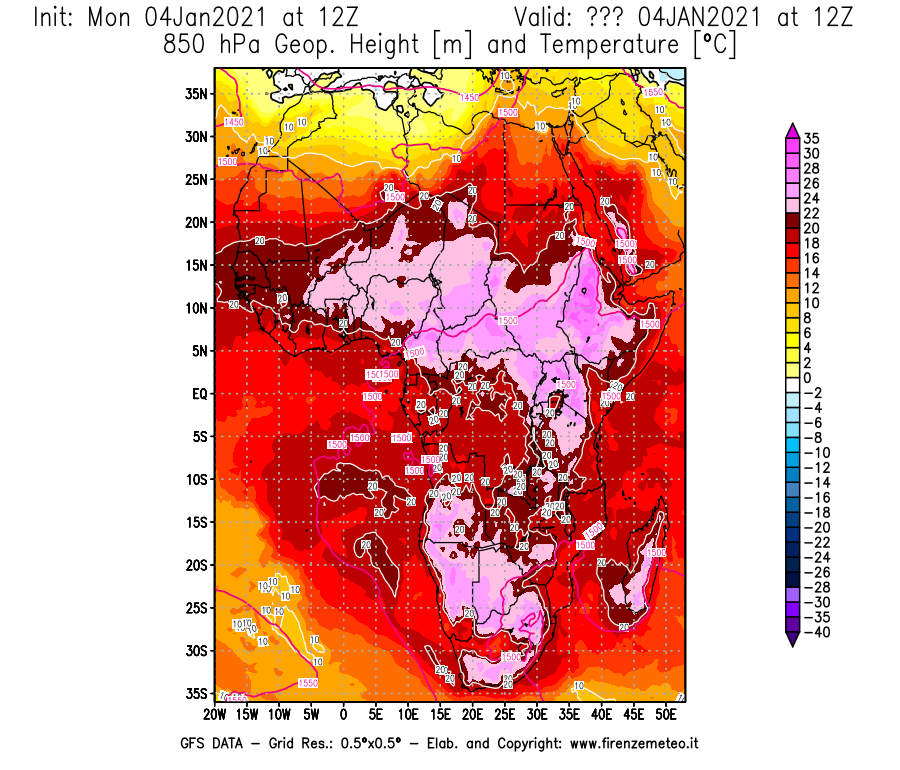Mappa di analisi GFS - Geopotenziale [m] e Temperatura [°C] a 850 hPa in Africa
							del 04/01/2021 12 <!--googleoff: index-->UTC<!--googleon: index-->