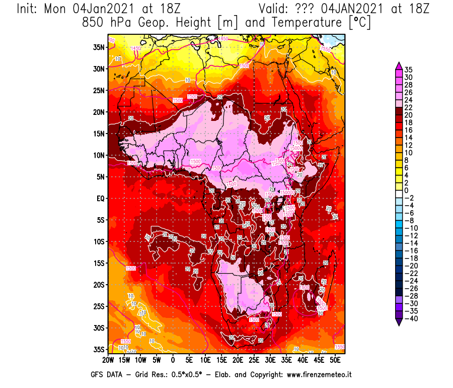 Mappa di analisi GFS - Geopotenziale [m] e Temperatura [°C] a 850 hPa in Africa
									del 04/01/2021 18 <!--googleoff: index-->UTC<!--googleon: index-->
