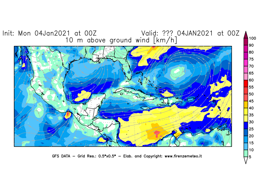 Mappa di analisi GFS - Velocità del vento a 10 metri dal suolo [km/h] in Centro-America
									del 04/01/2021 00 <!--googleoff: index-->UTC<!--googleon: index-->