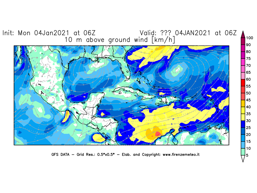 Mappa di analisi GFS - Velocità del vento a 10 metri dal suolo [km/h] in Centro-America
									del 04/01/2021 06 <!--googleoff: index-->UTC<!--googleon: index-->