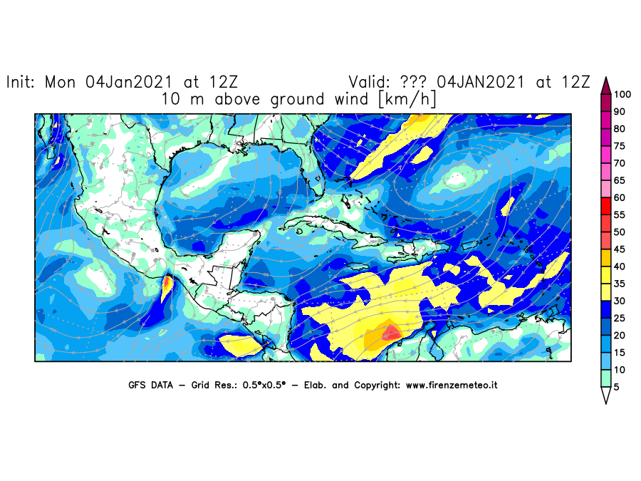 Mappa di analisi GFS - Velocità del vento a 10 metri dal suolo [km/h] in Centro-America
									del 04/01/2021 12 <!--googleoff: index-->UTC<!--googleon: index-->