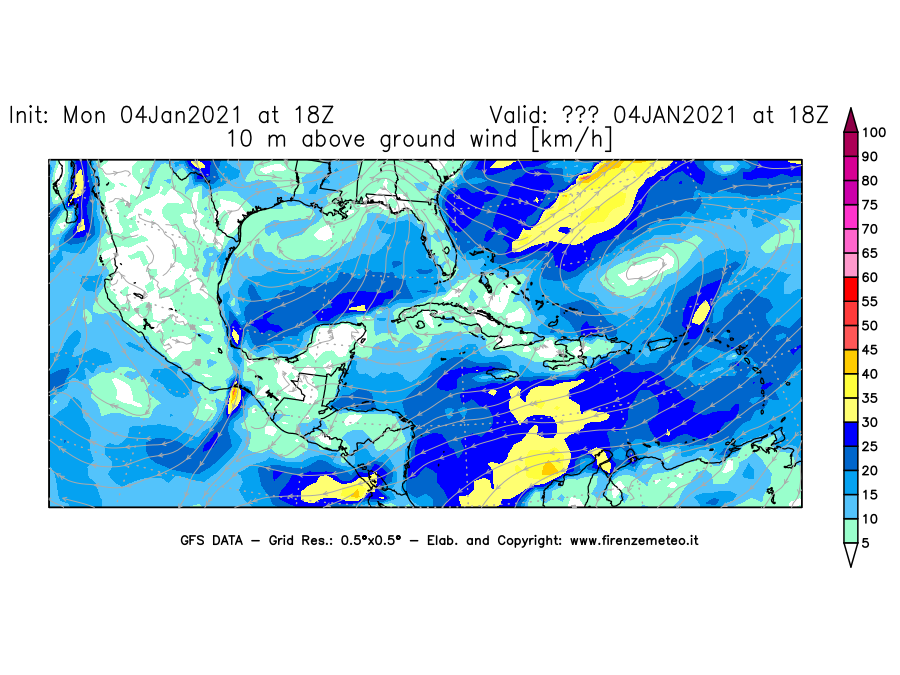 Mappa di analisi GFS - Velocità del vento a 10 metri dal suolo [km/h] in Centro-America
									del 04/01/2021 18 <!--googleoff: index-->UTC<!--googleon: index-->