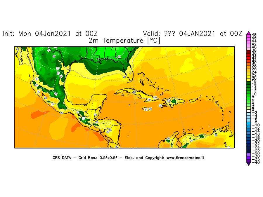 Mappa di analisi GFS - Temperatura a 2 metri dal suolo [°C] in Centro-America
							del 04/01/2021 00 <!--googleoff: index-->UTC<!--googleon: index-->