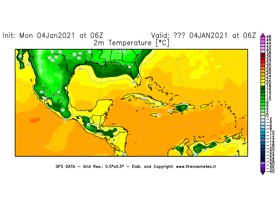 Mappa di analisi GFS - Temperatura a 2 metri dal suolo [°C] in Centro-America
									del 04/01/2021 06 <!--googleoff: index-->UTC<!--googleon: index-->