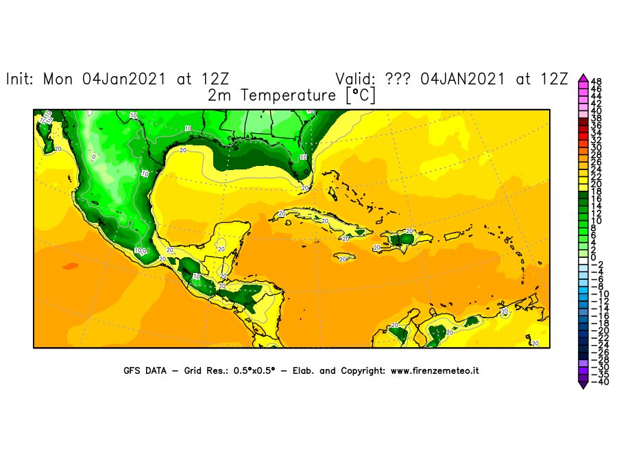 Mappa di analisi GFS - Temperatura a 2 metri dal suolo [°C] in Centro-America
							del 04/01/2021 12 <!--googleoff: index-->UTC<!--googleon: index-->