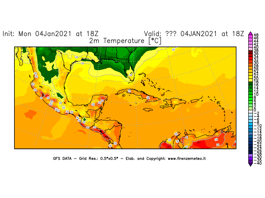 Mappa di analisi GFS - Temperatura a 2 metri dal suolo [°C] in Centro-America
									del 04/01/2021 18 <!--googleoff: index-->UTC<!--googleon: index-->