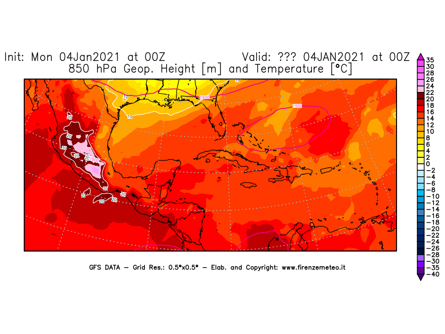 Mappa di analisi GFS - Geopotenziale [m] e Temperatura [°C] a 850 hPa in Centro-America
									del 04/01/2021 00 <!--googleoff: index-->UTC<!--googleon: index-->