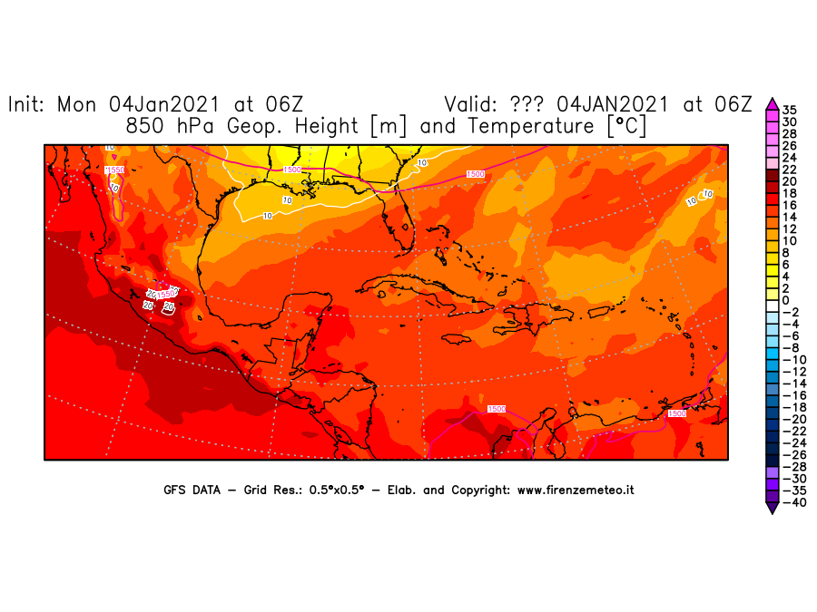 Mappa di analisi GFS - Geopotenziale [m] e Temperatura [°C] a 850 hPa in Centro-America
									del 04/01/2021 06 <!--googleoff: index-->UTC<!--googleon: index-->