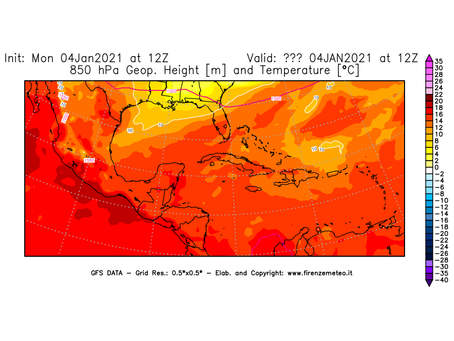 Mappa di analisi GFS - Geopotenziale [m] e Temperatura [°C] a 850 hPa in Centro-America
									del 04/01/2021 12 <!--googleoff: index-->UTC<!--googleon: index-->
