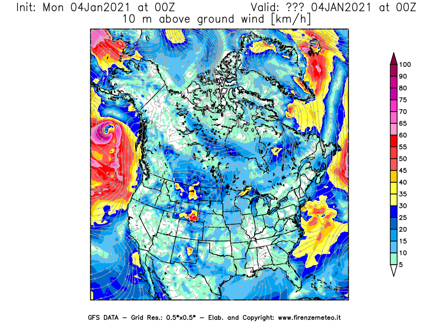 Mappa di analisi GFS - Velocità del vento a 10 metri dal suolo [km/h] in Nord-America
							del 04/01/2021 00 <!--googleoff: index-->UTC<!--googleon: index-->