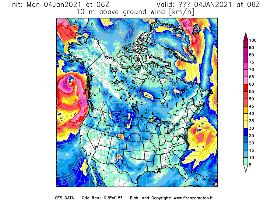 Mappa di analisi GFS - Velocità del vento a 10 metri dal suolo [km/h] in Nord-America
									del 04/01/2021 06 <!--googleoff: index-->UTC<!--googleon: index-->