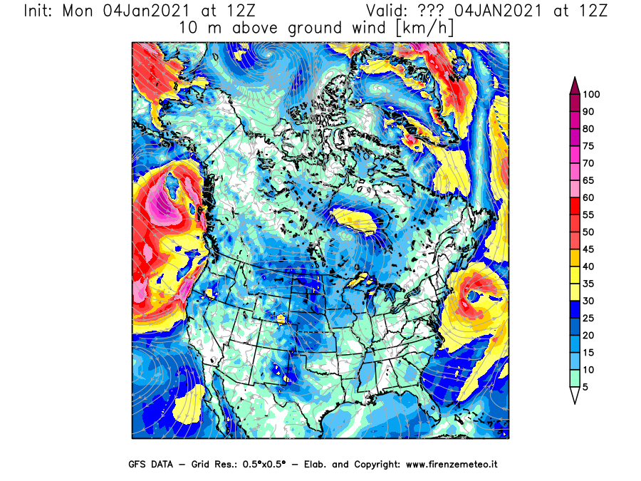 Mappa di analisi GFS - Velocità del vento a 10 metri dal suolo [km/h] in Nord-America
									del 04/01/2021 12 <!--googleoff: index-->UTC<!--googleon: index-->