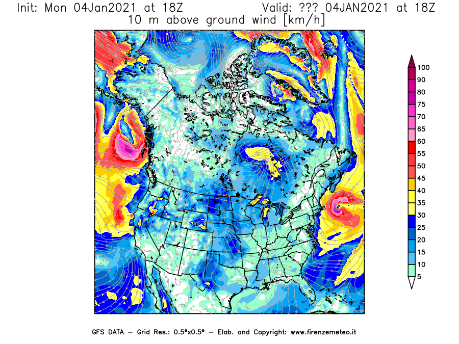 Mappa di analisi GFS - Velocità del vento a 10 metri dal suolo [km/h] in Nord-America
							del 04/01/2021 18 <!--googleoff: index-->UTC<!--googleon: index-->