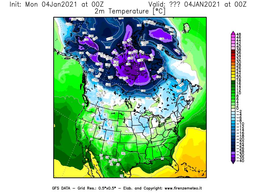 Mappa di analisi GFS - Temperatura a 2 metri dal suolo [°C] in Nord-America
									del 04/01/2021 00 <!--googleoff: index-->UTC<!--googleon: index-->