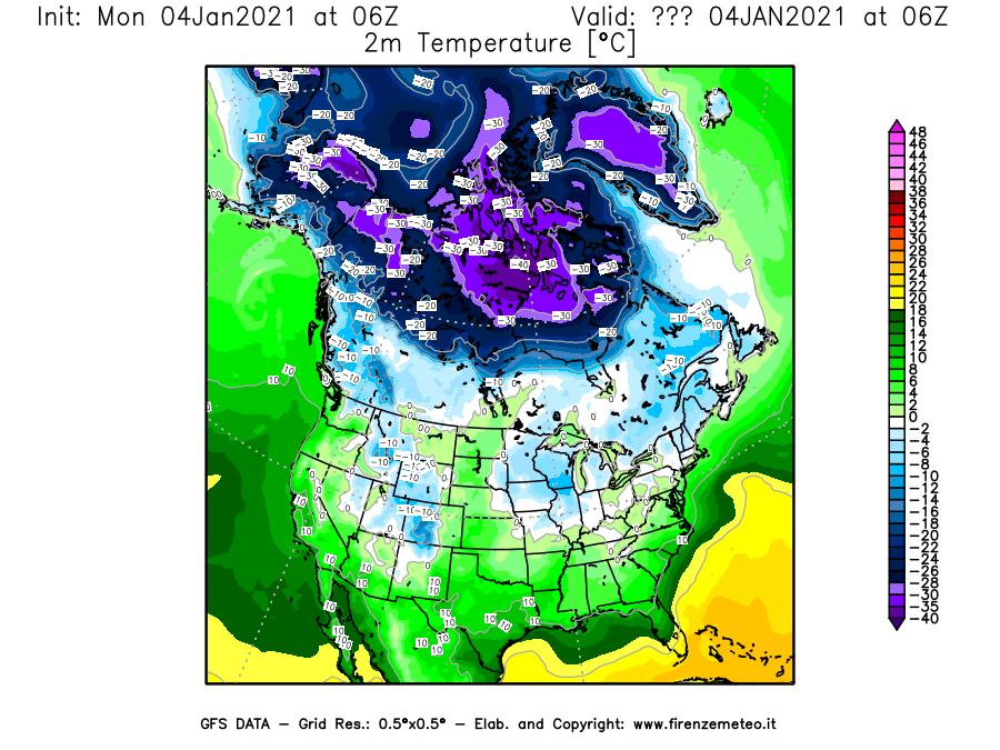 Mappa di analisi GFS - Temperatura a 2 metri dal suolo [°C] in Nord-America
									del 04/01/2021 06 <!--googleoff: index-->UTC<!--googleon: index-->