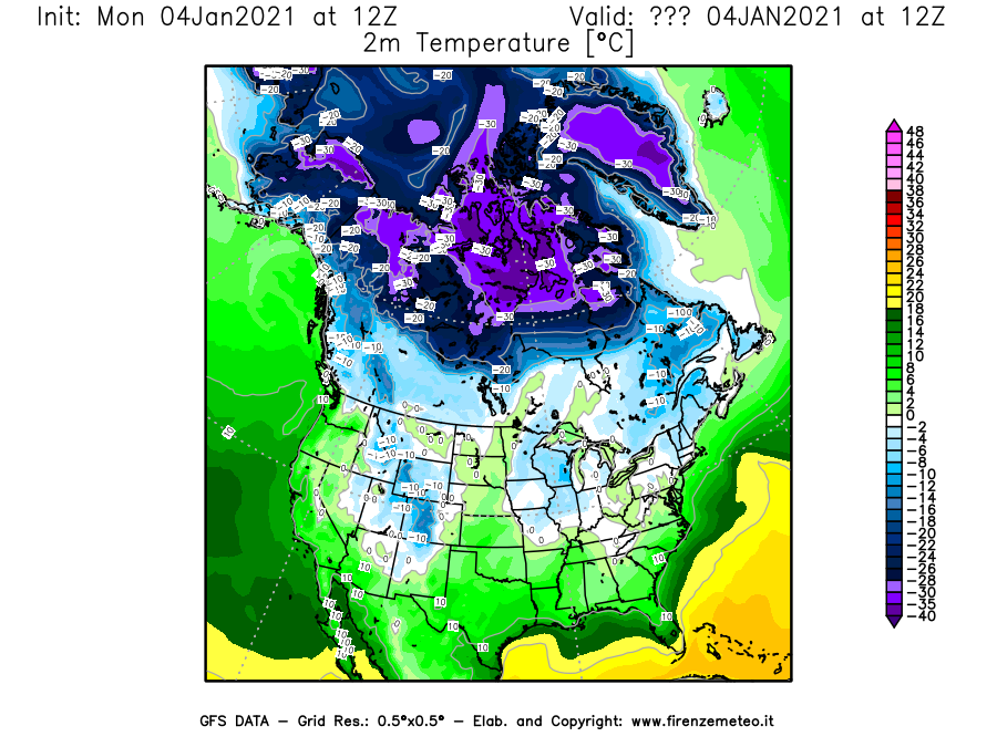Mappa di analisi GFS - Temperatura a 2 metri dal suolo [°C] in Nord-America
									del 04/01/2021 12 <!--googleoff: index-->UTC<!--googleon: index-->