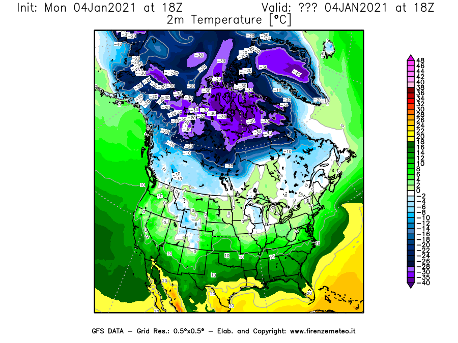 Mappa di analisi GFS - Temperatura a 2 metri dal suolo [°C] in Nord-America
							del 04/01/2021 18 <!--googleoff: index-->UTC<!--googleon: index-->