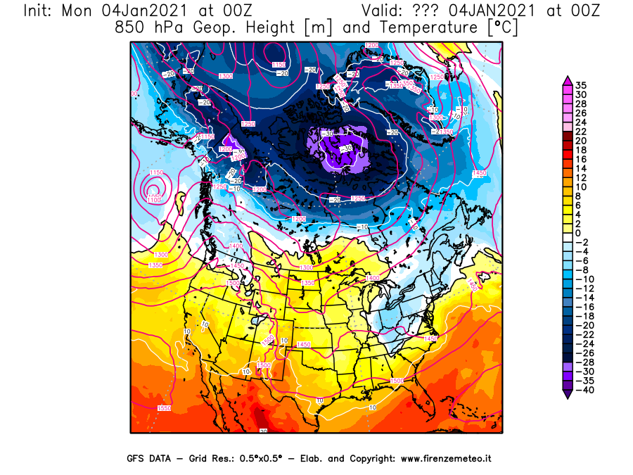 Mappa di analisi GFS - Geopotenziale [m] e Temperatura [°C] a 850 hPa in Nord-America
							del 04/01/2021 00 <!--googleoff: index-->UTC<!--googleon: index-->