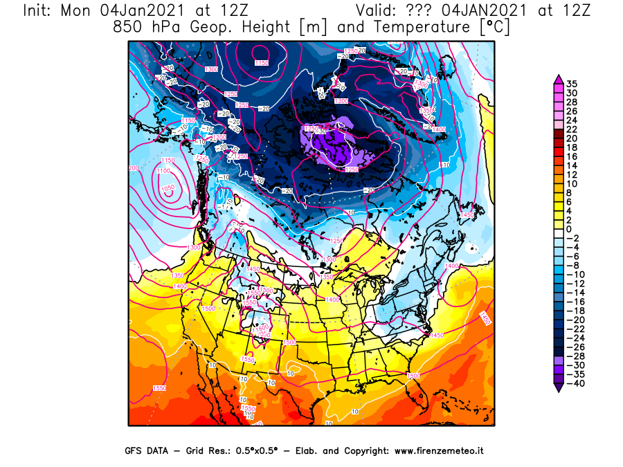 Mappa di analisi GFS - Geopotenziale [m] e Temperatura [°C] a 850 hPa in Nord-America
									del 04/01/2021 12 <!--googleoff: index-->UTC<!--googleon: index-->