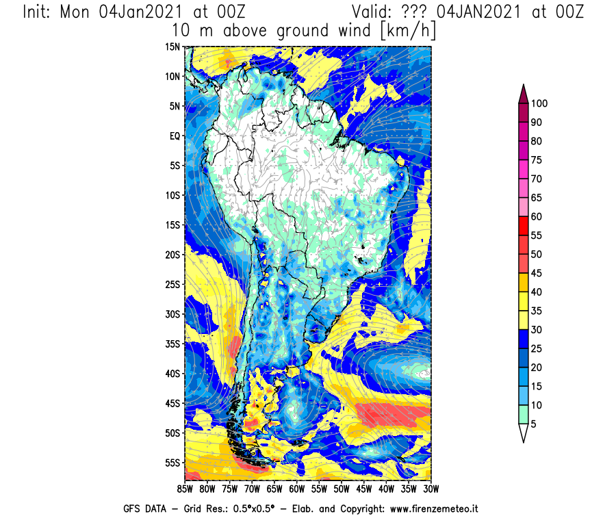 Mappa di analisi GFS - Velocità del vento a 10 metri dal suolo [km/h] in Sud-America
							del 04/01/2021 00 <!--googleoff: index-->UTC<!--googleon: index-->