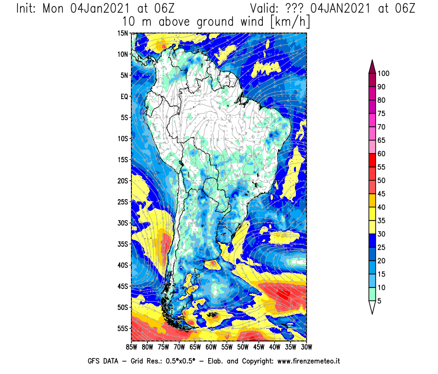 Mappa di analisi GFS - Velocità del vento a 10 metri dal suolo [km/h] in Sud-America
									del 04/01/2021 06 <!--googleoff: index-->UTC<!--googleon: index-->