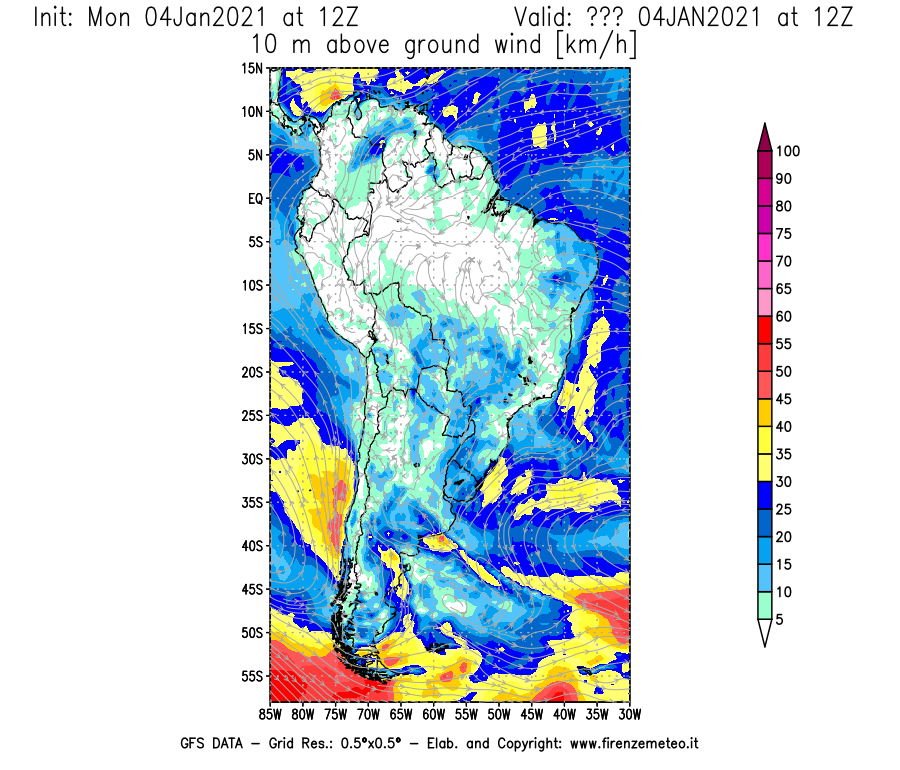 Mappa di analisi GFS - Velocità del vento a 10 metri dal suolo [km/h] in Sud-America
							del 04/01/2021 12 <!--googleoff: index-->UTC<!--googleon: index-->