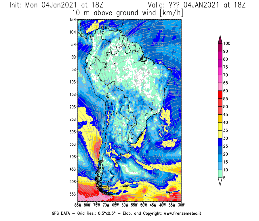 Mappa di analisi GFS - Velocità del vento a 10 metri dal suolo [km/h] in Sud-America
									del 04/01/2021 18 <!--googleoff: index-->UTC<!--googleon: index-->