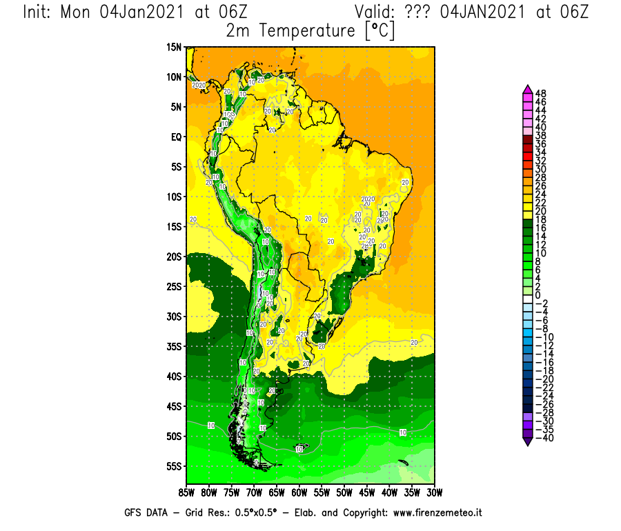 Mappa di analisi GFS - Temperatura a 2 metri dal suolo [°C] in Sud-America
							del 04/01/2021 06 <!--googleoff: index-->UTC<!--googleon: index-->
