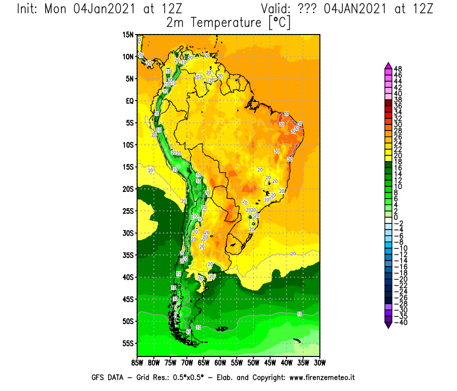 Mappa di analisi GFS - Temperatura a 2 metri dal suolo [°C] in Sud-America
							del 04/01/2021 12 <!--googleoff: index-->UTC<!--googleon: index-->