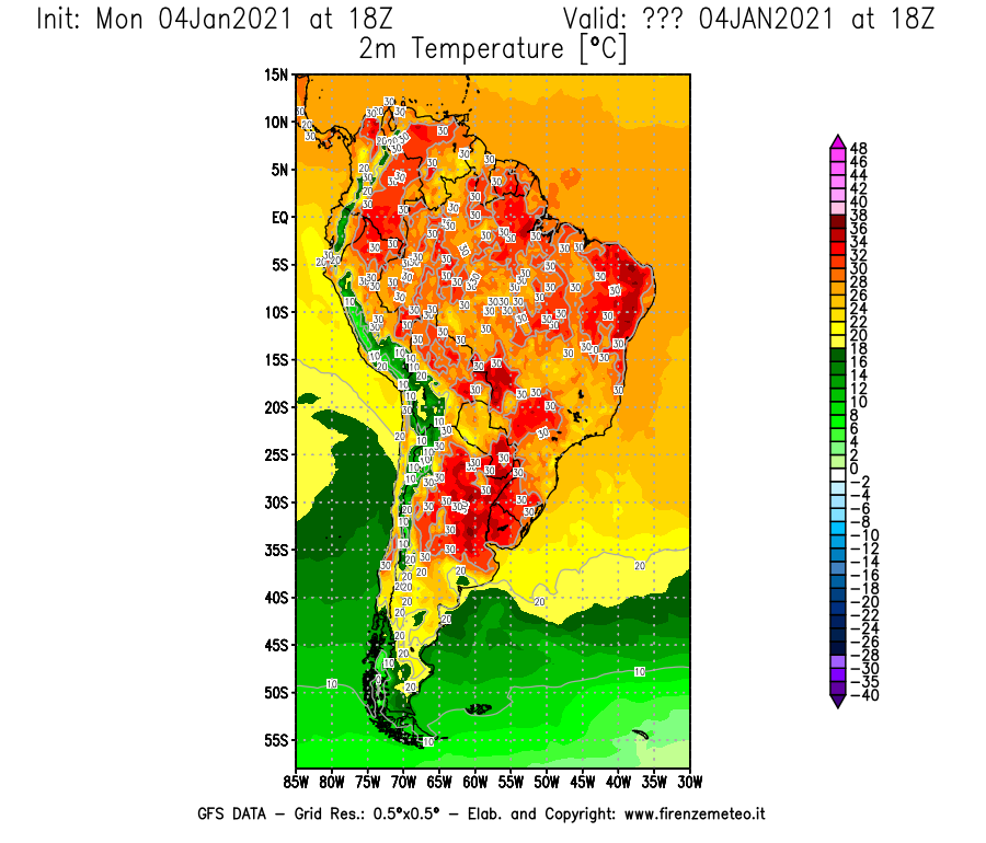 Mappa di analisi GFS - Temperatura a 2 metri dal suolo [°C] in Sud-America
									del 04/01/2021 18 <!--googleoff: index-->UTC<!--googleon: index-->