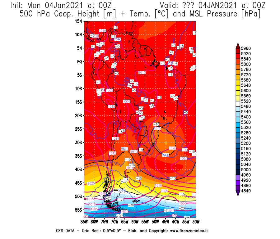 Mappa di analisi GFS - Geopotenziale [m] + Temp. [°C] a 500 hPa + Press. a livello del mare [hPa] in Sud-America
									del 04/01/2021 00 <!--googleoff: index-->UTC<!--googleon: index-->