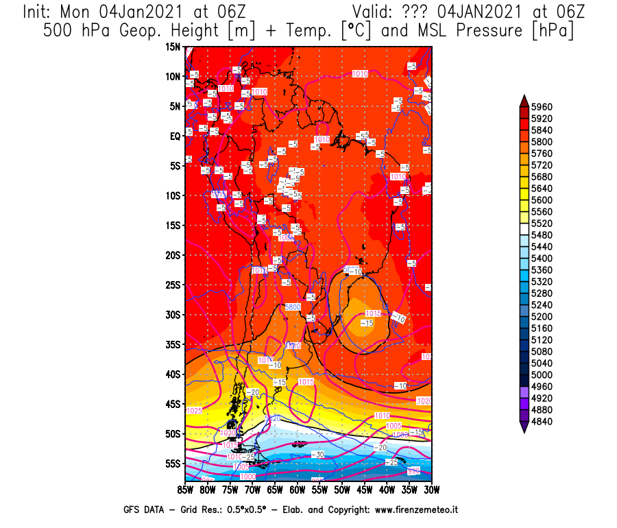 Mappa di analisi GFS - Geopotenziale [m] + Temp. [°C] a 500 hPa + Press. a livello del mare [hPa] in Sud-America
							del 04/01/2021 06 <!--googleoff: index-->UTC<!--googleon: index-->