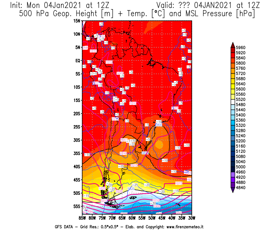 Mappa di analisi GFS - Geopotenziale [m] + Temp. [°C] a 500 hPa + Press. a livello del mare [hPa] in Sud-America
							del 04/01/2021 12 <!--googleoff: index-->UTC<!--googleon: index-->