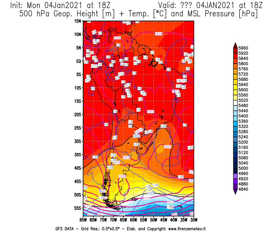 Mappa di analisi GFS - Geopotenziale [m] + Temp. [°C] a 500 hPa + Press. a livello del mare [hPa] in Sud-America
							del 04/01/2021 18 <!--googleoff: index-->UTC<!--googleon: index-->