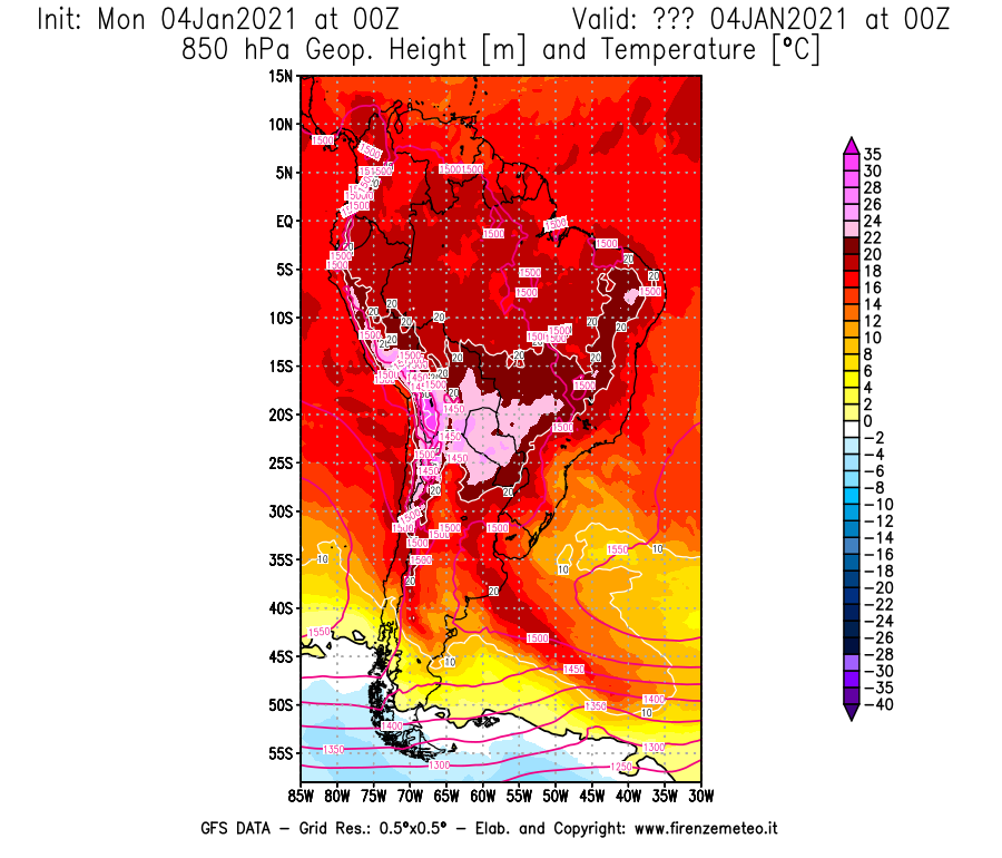 Mappa di analisi GFS - Geopotenziale [m] e Temperatura [°C] a 850 hPa in Sud-America
							del 04/01/2021 00 <!--googleoff: index-->UTC<!--googleon: index-->