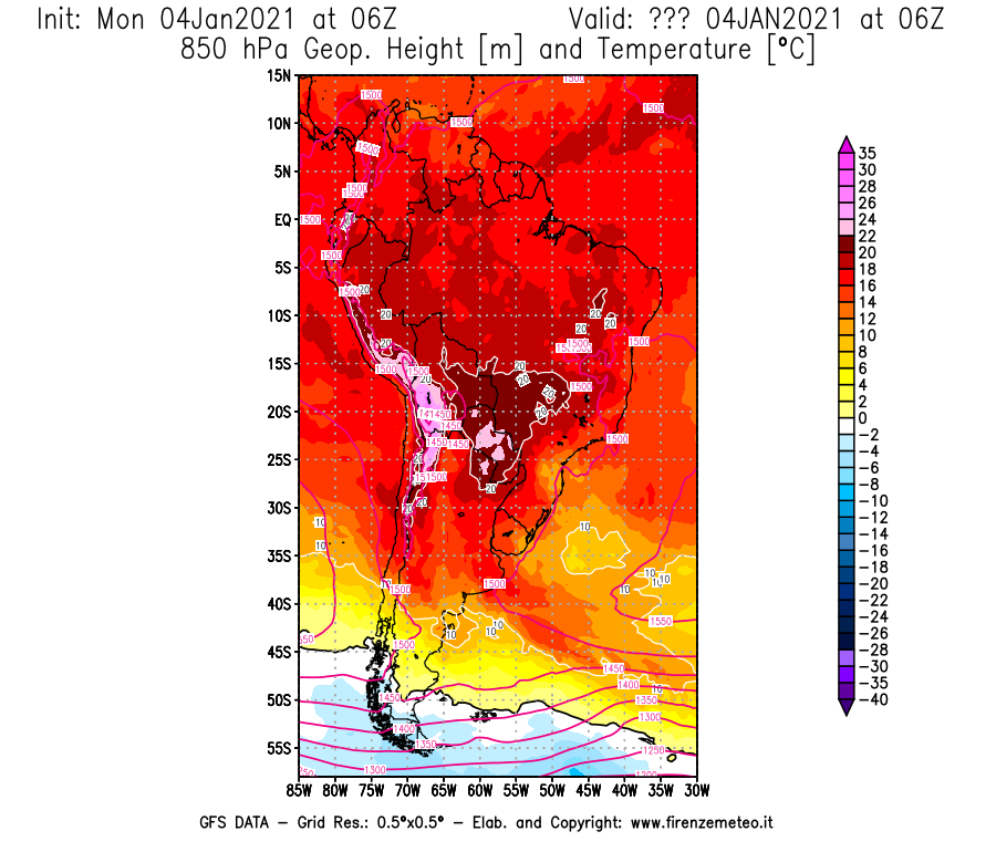 Mappa di analisi GFS - Geopotenziale [m] e Temperatura [°C] a 850 hPa in Sud-America
							del 04/01/2021 06 <!--googleoff: index-->UTC<!--googleon: index-->