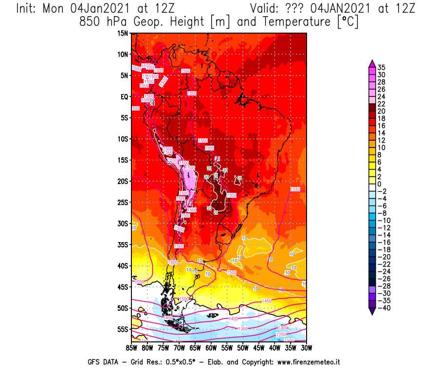 Mappa di analisi GFS - Geopotenziale [m] e Temperatura [°C] a 850 hPa in Sud-America
							del 04/01/2021 12 <!--googleoff: index-->UTC<!--googleon: index-->