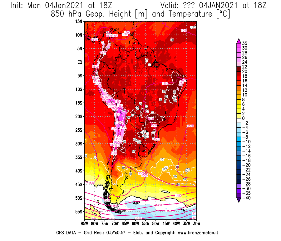 Mappa di analisi GFS - Geopotenziale [m] e Temperatura [°C] a 850 hPa in Sud-America
									del 04/01/2021 18 <!--googleoff: index-->UTC<!--googleon: index-->