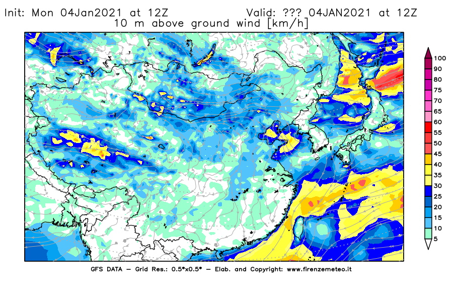 Mappa di analisi GFS - Velocità del vento a 10 metri dal suolo [km/h] in Asia Orientale
									del 04/01/2021 12 <!--googleoff: index-->UTC<!--googleon: index-->