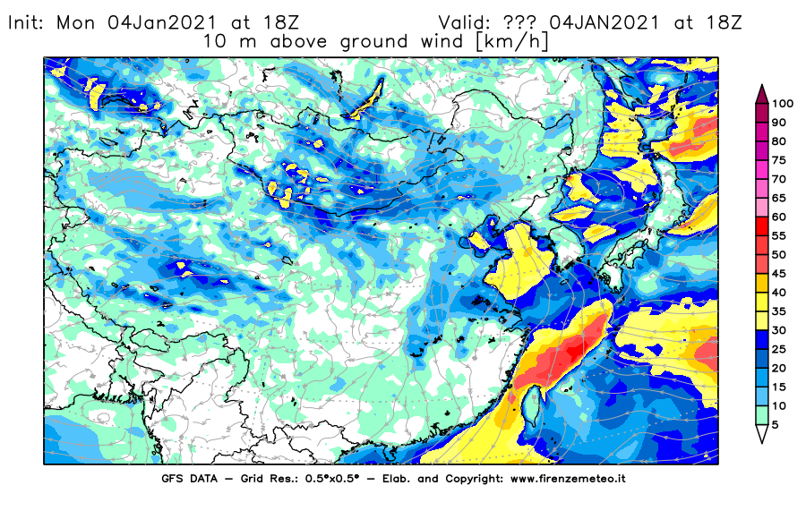 Mappa di analisi GFS - Velocità del vento a 10 metri dal suolo [km/h] in Asia Orientale
									del 04/01/2021 18 <!--googleoff: index-->UTC<!--googleon: index-->