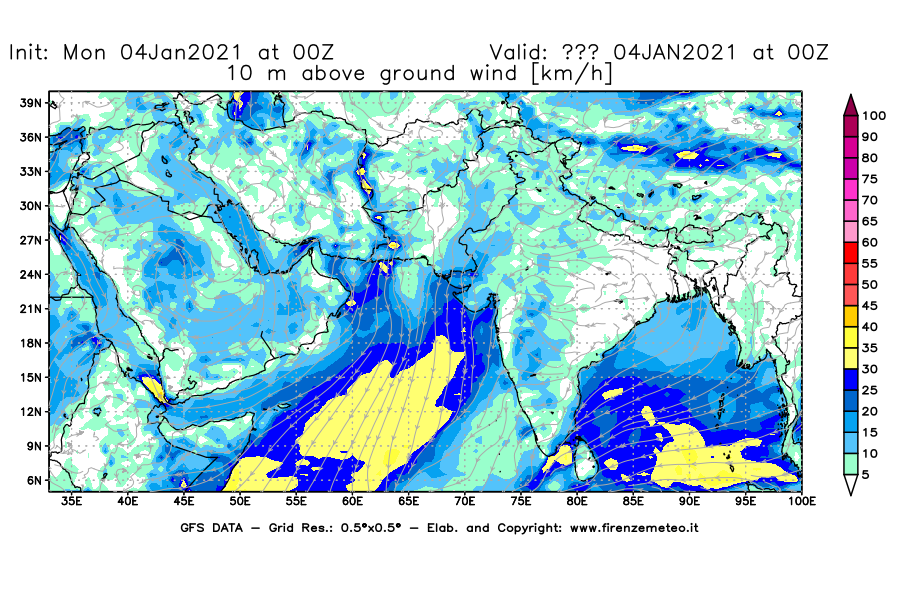 Mappa di analisi GFS - Velocità del vento a 10 metri dal suolo [km/h] in Asia Sud-Occidentale
							del 04/01/2021 00 <!--googleoff: index-->UTC<!--googleon: index-->