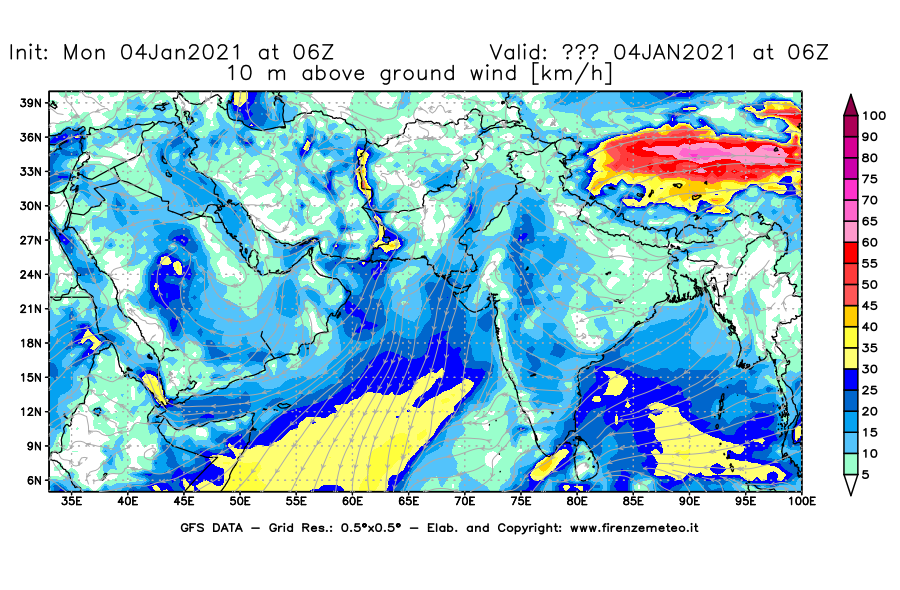 Mappa di analisi GFS - Velocità del vento a 10 metri dal suolo [km/h] in Asia Sud-Occidentale
							del 04/01/2021 06 <!--googleoff: index-->UTC<!--googleon: index-->