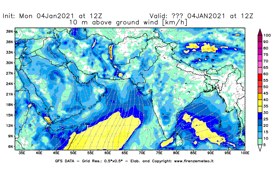 Mappa di analisi GFS - Velocità del vento a 10 metri dal suolo [km/h] in Asia Sud-Occidentale
									del 04/01/2021 12 <!--googleoff: index-->UTC<!--googleon: index-->