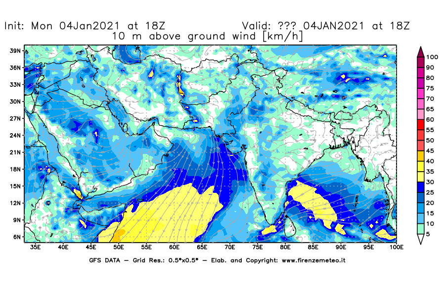 Mappa di analisi GFS - Velocità del vento a 10 metri dal suolo [km/h] in Asia Sud-Occidentale
							del 04/01/2021 18 <!--googleoff: index-->UTC<!--googleon: index-->
