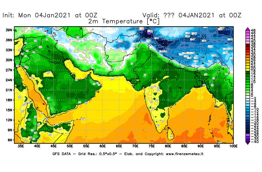 Mappa di analisi GFS - Temperatura a 2 metri dal suolo [°C] in Asia Sud-Occidentale
							del 04/01/2021 00 <!--googleoff: index-->UTC<!--googleon: index-->
