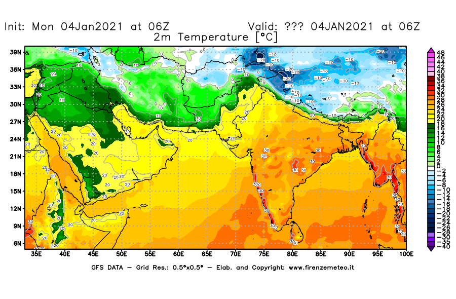 Mappa di analisi GFS - Temperatura a 2 metri dal suolo [°C] in Asia Sud-Occidentale
									del 04/01/2021 06 <!--googleoff: index-->UTC<!--googleon: index-->
