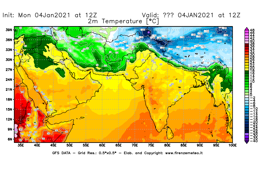 Mappa di analisi GFS - Temperatura a 2 metri dal suolo [°C] in Asia Sud-Occidentale
									del 04/01/2021 12 <!--googleoff: index-->UTC<!--googleon: index-->